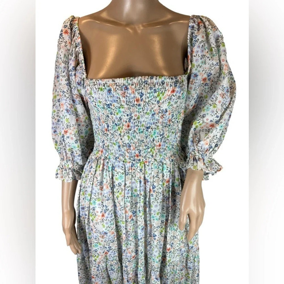 KARLIE Womens White Floral Smocked Maxi Dress Puff Sleeve Size Small - Picture 5 of 13